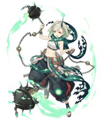  :d bracelet breasts chains explosive female fire full_body green_hair horns jewelry ji_no little_match_girl_(sinoalice) looking_at_viewer midriff mine_(weapon) navel official_art open_mouth red_eyes sandals scarf short_hair single_horn sinoalice small_breasts smile solo teeth transparent_background upper_teeth_only 