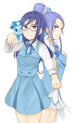  2girls absurdres blue_dress blue_eyes blue_gemstone blue_hair blue_ribbon braid breasts brooch choker collared_shirt cowboy_shot crystal_earrings cure_diamond dangle_earrings diamond_(shape) dokidoki!_precure dollar_sign dress dual_persona earrings forehead gem glasses hair_ornament half_updo heart heart_brooch highres hishikawa_rikka holding_hands jewelry koiwai_no_ekitai long_hair long_sleeves looking_at_viewer looking_to_the_side magical_girl multiple_girls neck_ribbon pinafore_dress ponytail precure puffy_sleeves rakeru_(dokidoki!_precure) red-framed_eyewear ribbon round_eyewear shirt simple_background sleeveless sleeveless_dress small_breasts smile tiara white_background white_shirt yellow_choker 