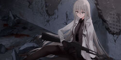  an-94 assault_rifle black_gloves black_necktie black_pantyhose black_shirt black_shorts blood borrowed_character building closed_mouth collared_shirt commentary_request damaged drawstring ear_piercing earrings feet_out_of_frame female gloves grey_eyes grey_hair gun highres holding holding_gun holding_weapon jacket jewelry kinona long_hair long_sleeves necktie open_clothes open_jacket original pantyhose pantyhose_under_shorts piercing rifle ruins shirt short_shorts shorts sitting solo stud_earrings very_long_hair wall weapon white_jacket zoya_petrovna_vecheslova 