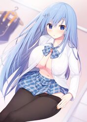  :o absurdres black_pantyhose blue_bow blue_bowtie blue_eyes blue_hair blue_skirt blurry blush bow bowtie bra breasts cleavage clothes_hanger collared_shirt depth_of_field dress_shirt dutch_angle emori_miku female hair_ornament hairclip heart highres indoors lace lace-trimmed_bra lace_trim large_breasts leaning_forward legs_together liver_city long_hair long_sleeves looking_at_viewer miko_(royal_milk) nail_polish navel official_art open_clothes open_shirt orange_nails panties panties_under_pantyhose pantyhose parted_lips pink_bra pink_panties plaid plaid_bow plaid_bowtie plaid_hair_ornament plaid_skirt pleated_skirt school_uniform see-through shirt skirt solo standing unbuttoned unbuttoned_shirt underwear undressing very_long_hair white_shirt wing_collar 