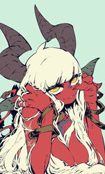  :3 arm_support baphomet_(niking) blue_background blunt_bangs bracelet breasts cleavage colored_skin demon_girl demon_tail female fingernails flat_color hair_between_breasts hands_up highres horizontal_pupils horns jewelry large_breasts long_hair looking_at_viewer mixed_horns multiple_horns original parted_lips red_skin scar scar_on_arm sharp_fingernails simple_background smile solo ssambatea tail upper_body white_hair yellow_eyes 