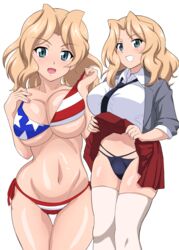  absurdres american_flag american_flag_bikini american_flag_print bad_id bad_pixiv_id bikini black_necktie black_panties blonde_hair blue_eyes blush breasts cleavage clothes_lift female flag_print girls_und_panzer grin highres kay_(girls_und_panzer) large_breasts lifting_own_clothes looking_at_viewer miniskirt multiple_views navel necktie open_mouth panties pleated_skirt print_bikini red_skirt saunders_school_uniform school_uniform shiny_skin simple_background skirt skirt_lift smile stomach swimsuit thighhighs underwear white_background white_thighhighs yasuoextuuuuuu 