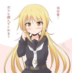  belt black_serafuku blonde_hair commentary_request crescent crescent_pin female kantai_collection long_hair low_twintails necktie one-hour_drawing_challenge satsuki_(kancolle) school_uniform serafuku shizuna_kaede solo translated twintails two-tone_background white_necktie yellow_eyes 