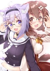  2girls :3 :d absurdres ahoge animal_ear_fluff animal_ears bespectacled black_hairband black_shirt blush bone_hair_ornament borumete braid breasts brown_eyes brown_hair brown_skirt cartoon_bone cat_ears cat_girl cat_tail commentary dog_ears dog_girl dog_tail glasses hair_between_eyes hair_ornament hair_over_shoulder hairband hand_up high-waist_skirt highres hololive inugami_korone inugami_korone_(street) long_hair long_sleeves medium_breasts midriff multiple_girls navel nekomata_okayu nekomata_okayu_(casual) oerba_yun_fang official_alternate_costume open_mouth painttool_sai_(medium) purple_eyes purple_hair round_eyewear school_uniform serafuku shirt shorts simple_background skirt sleeves_past_wrists smile tail twin_braids virtual_youtuber white_background white_shirt white_shorts 