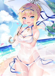  azur_lane bare_shoulders beach bikini blonde_hair blue_choker blue_eyes blue_ribbon blush breasts choker cleavage cloud collarbone cross cross_choker day feiren female glowing_tattoo hair_bun holding holding_umbrella jeanne_d&#039;arc_(azur_lane) jeanne_d&#039;arc_(saintess_of_the_sea)_(azur_lane) large_breasts layered_bikini looking_at_viewer multi-strapped_bikini navel ocean official_alternate_costume open_mouth outdoors painttool_sai_(medium) palm_tree parasol petals photoshop_(medium) ribbon see-through side-tie_bikini_bottom single_hair_bun sky smile solo swimsuit tree umbrella water white_bikini 