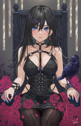  animal_on_arm bare_shoulders bird black_choker black_hair black_panties black_pantyhose blue_eyes blue_nails blush bondage_gear bracelet breasts choker cleavage collarbone commentary_request cowboy_shot crow dress earrings enporion female flower hair_between_eyes hair_over_eyes highres hip_vent indoors jewelry large_breasts long_hair looking_at_viewer mole mole_under_eye nail_polish o-ring o-ring_choker on_chair original panties panties_under_pantyhose pantyhose pantyshot parted_lips partial_commentary red_flower red_rose rose short_dress signature sitting sleeveless sleeveless_dress solo spaghetti_strap spiked_bracelet spikes throne underwear 