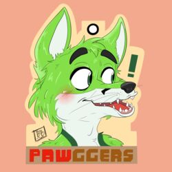  1:1 anthro badge black_body black_fur black_nose blush bonybones canid canine ears_up exclamation_point eyebrows fidget_the_fox fox fur green_eyes green_hair hair headshot_portrait hi_res icon male mammal meme pawggers pogchamp portrait signature solo teeth teeth_showing white_body white_fur wide_eyed 