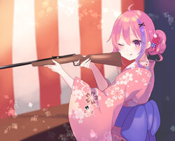  ;q ahoge blue_flower blurry blurry_background blush bow closed_mouth commentary_request copyright_request depth_of_field female floral_print flower gucchiann gun hair_between_eyes hair_bun hair_flower hair_ornament hairclip highres holding holding_gun holding_weapon japanese_clothes kimono long_sleeves multicolored_hair obi one_eye_closed pink_hair pink_kimono print_kimono purple_bow purple_eyes purple_hair red_flower rifle sash single_hair_bun smile solo streaked_hair tongue tongue_out virtual_youtuber weapon white_flower wide_sleeves x_hair_ornament 