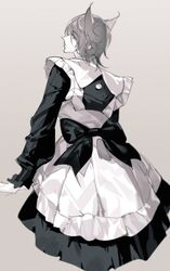  1boy alternate_costume animal_ears arknights bishounen black_ribbon cat_boy cat_ears cat_tail cowboy_shot enmaided from_behind grey_background grey_hair highres looking_to_the_side maid male_focus phantom_(arknights) pienahenggou ribbon short_hair simple_background tail 