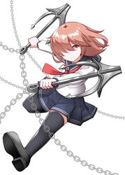  anchor bad_id bad_twitter_id brown_eyes chains commentary_request dual_wielding female full_body hair_over_one_eye highres holding ikazuchi_(kancolle) kantai_collection kirigakure_(kirigakure_tantei_jimusho) light_brown_hair loafers pleated_skirt reverse_grip school_uniform serafuku shoes skirt solo thighhighs 