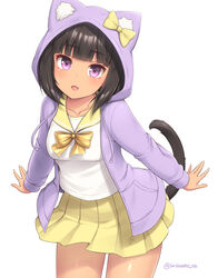  :d animal_ears animal_hood arms_at_sides black_hair blush bow bowtie breasts cat_ears cat_girl cat_hood cat_tail commentary cowboy_shot egyptian_cat_(sasaame) female head_tilt hood hood_up jacket leaning_forward long_sleeves looking_at_viewer medium_breasts medium_hair miniskirt open_mouth original pleated_skirt purple_eyes purple_jacket sailor_collar sasaame school_uniform serafuku shirt simple_background skirt smile solo standing tail tail_raised twitter_username white_background white_shirt yellow_bow yellow_bowtie yellow_sailor_collar yellow_skirt 