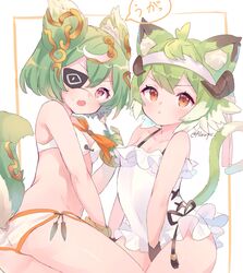  2girls animal_ear_fluff animal_ears ass bad_id bad_pixiv_id bare_arms bare_shoulders bikini cat_ears cat_tail commentary_request eyepatch fork gloves green_hair green_tail headband highres holding holding_fork last_period mimosa_(last_period) mul_latum multiple_girls oerba_yun_fang one-piece_swimsuit open_mouth partial_commentary red_eyes short_hair simple_background skin_fang swimsuit tail twitter_username wata_ramune white_background white_bikini white_headband white_one-piece_swimsuit 