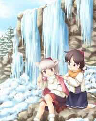  2girls animal_ears arm_behind_head black_hair black_skirt blanket blue_sky calcmis_gowa cloud commentary_request day detached_sleeves feet_out_of_frame foot_out_of_frame frozen grey_hair hat highres ice inubashiri_momiji knee_up kneehighs kneeling leaf_print long_sleeves looking_back multiple_girls open_mouth outdoors parted_bangs pom_pom_(clothes) red_eyes red_headwear shameimaru_aya short_hair sitting skirt sky smile snow socks tokin_hat touhou tree two-tone_shirt water waterfall white_legwear winter wolf_ears 