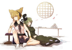  2girls armrest bracelet collared_shirt dress earmuffs ghost ghost_tail green_dress green_hair hat headphones jewelry leaning_on_person long_sleeves looking_to_the_side multiple_girls ofuda ofuda_on_clothes petals pointy_hair scroll shirt short_hair sitting sleeveless sleeveless_shirt soga_no_tojiko table tate_eboshi touhou toyosatomimi_no_miko urin white_footwear window 