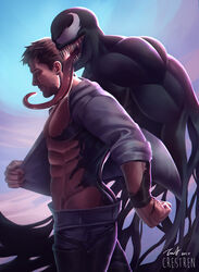  2boys abs absurdres ass bara bare_pectorals beard clothes_pull commentary crestren eddie_brock facial_hair feet_out_of_frame from_side highres interspecies large_pectorals long_tongue male_focus marvel mature_male monster_boy multiple_boys muscular muscular_male nipples no_male_underwear pants pants_pull pectorals pulling_another&#039;s_clothes short_hair sideburns slime_boy stomach stubble tongue venom_(marvel) yaoi 