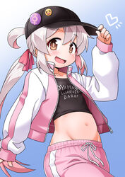  :d adjusting_clothes adjusting_headwear ahoge akou_roushi arm_up black_shirt blue_background brown_eyes collarbone commentary_request cowboy_shot cropped_shirt female gradient_background groin hand_up heart jacket long_hair long_sleeves looking_at_viewer male-female_symbol navel onii-chan_wa_oshimai! open_clothes open_jacket oyama_mahiro pink_hair pink_jacket shirt sleeves_past_wrists smile solo stomach zipper zipper_pull_tab 