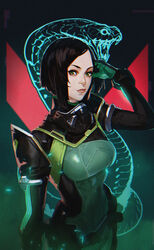  bad_id bad_twitter_id black_gloves black_hair bodysuit breasts female gloves glowing green_background green_bodysuit green_eyes hand_on_own_head highres looking_at_viewer medium_breasts passimo short_hair snake solo valorant viper_(valorant) 