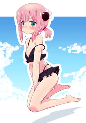  bare_arms bare_legs bare_shoulders barefoot bikini black_bikini blue_eyes blush breasts chiyoda_momo closed_mouth female full_body highres machikado_mazoku mukaibi_aoi pink_hair ponytail shadow short_hair small_breasts solo swimsuit 