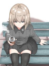  bench black_skirt black_thighhighs blue_eyes can closed_mouth coffee commentary dress_shirt drink_can female from_above girls_und_panzer grey_hair grey_shirt highres holding holding_can insignia itsumi_erika kuromorimine_school_uniform long_sleeves medium_hair miniskirt park_bench pleated_skirt school_uniform shirt sitting skirt smile soda_can solo steam thighhighs wing_collar yaegashi_isa zettai_ryouiki 