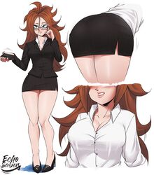  1girls android_21 android_21_(human) ass bare_legs big_breasts black_fingernails black_nails blouse blue_eyes blush breasts brown_hair business_suit bust busty cellphone cleavage dat_ass dragon_ball dragon_ball_fighterz echosaber female female_only fully_clothed glasses high_heels hourglass_figure lips lipstick long_hair miniskirt nail_polish office_lady phone skirt solo_female suit voluptuous 