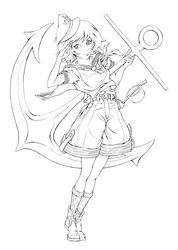  anchor commentary_request female full_body greyscale guilty_gear hat line_art looking_at_viewer may_(guilty_gear) monochrome murasa_minamitsu parody photoshop_(medium) sailor_hat short_hair short_sleeves shorts smile solo style_parody touhou yuukou 