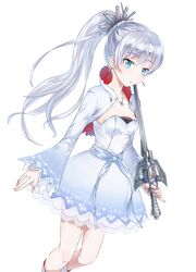  blue_eyes commentary_request dress earrings female holding holding_sword holding_weapon jewelry kenshin_(kenshin3) left-handed long_hair myrtenaster necklace ponytail rapier rwby scar scar_across_eye scar_on_face simple_background solo sword weapon weiss_schnee white_hair 