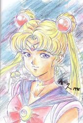  1990s_(style) 1996 2girls bishoujo_senshi_sailor_moon bishoujo_senshi_sailor_moon_(first_season) blonde_hair blue_sailor_collar bow chibi choker double_bun dual_persona hair_bun kagawa_hisashi long_hair magical_girl mini_person minigirl multiple_girls non-web_source red_bow red_choker retro_artstyle sailor_collar sailor_moon sailor_senshi_uniform school_uniform serafuku signature solo_focus tiara traditional_media transformation_brooch_(sailor_moon) tsukino_usagi upper_body 