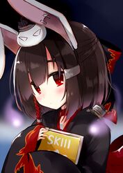  :&lt; animal animal_ears animal_on_head azur_lane black_hair blush book closed_mouth commentary_request expressionless fake_animal_ears female fukunoki_tokuwa hair_ornament hair_ribbon hairclip half_updo highres holding holding_book japanese_clothes long_sleeves looking_at_viewer on_head rabbit_ears red_eyes red_ribbon ribbon shiranui_(azur_lane) short_hair sleeves_past_wrists solo support_skill_book_(azur_lane) upper_body wide_sleeves 