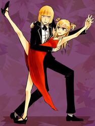  apu bleach blonde_hair brown_eyes dancing dress female flat_chest formal freckles hirako_shinji sarugaki_hiyori shoe_dangle short_twintails suit sweatdrop twintails 