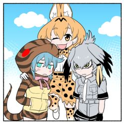  3girls ;d animal_ears awkward belt bird_wings black_belt black_gloves black_hair blonde_hair blue_eyes blue_hair blue_sky blush border bow bowtie breasts bright_pupils closed_mouth cloud commentary_request cowboy_shot day dot_nose eyebrows eyelashes facing_another feathered_wings flat_color frown gloves green_eyes grey_belt grey_hair grey_legwear hair_between_eyes hand_on_another&#039;s_shoulder hands_in_pockets head_wings high-waist_skirt hood hood_up hoodie kemono_friends leg_up legs_apart long_hair long_sleeves looking_at_viewer looking_away medium_breasts miniskirt multicolored_clothes multicolored_hair multicolored_legwear multiple_girls nattou_mazeo neck_ribbon necktie one_eye_closed open_mouth orange_eyes orange_hair orange_skirt orange_thighhighs outdoors pink_ribbon pocket ribbon ringed_eyes serval_(kemono_friends) serval_print shirt shoebill_(kemono_friends) shoes short_hair short_sleeves sidelocks skirt sky smile snake_tail spots standing striped_clothes striped_hoodie sweat tail thighhighs tsuchinoko_(kemono_friends) two-tone_hair unitard white_border white_bow white_footwear white_legwear white_necktie white_pupils white_shirt wings yellow_bow zettai_ryouiki 