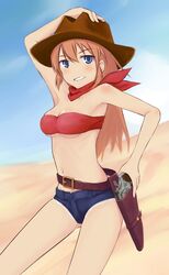  armpits bandeau belt blue_eyes breasts buckle charlotte_e._yeager cleavage commentary_request cowboy_hat cowboy_western crop_top cutoffs denim denim_shorts female grin gun handgun hat holster long_hair medium_breasts orange_hair rasielcochma revolver scarf shorts smile solo strike_witches weapon world_witches_series 