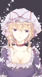  absurdres alternate_hairstyle bad_id bad_pixiv_id blonde_hair braid breasts bug butterfly canothy choker cleavage collarbone colored_eyelashes dress flower french_braid frilled_dress frills hair_up half-closed_eyes hat hat_ribbon highres insects large_breasts light_smile lips looking_down looking_to_the_side mob_cap petals purple_background purple_dress purple_eyes reflective_eyes ribbon shiny shiny_hair short_sleeves sidelocks simple_background solo touhou upper_body yakumo_yukari 