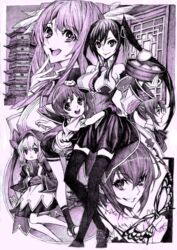  6+girls bachou bad_id bad_pixiv_id bamboo_steamer baozi bike_shorts chouhi chouun food hair_ornament hat highres kan&#039;u_(koihime_musou) koihime_musou legs long_hair monochrome multiple_girls nobita_(makoto7060355) open_mouth pantyhose ponytail ryuubi shokatsuryou short_hair smile thighhighs zettai_ryouiki 