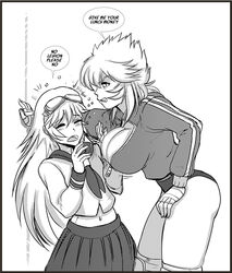  2girls alternate_costume animification armor bandaged_hand bandages blush border bouncing_breasts breasts bullying cleavage clenched_teeth closed_eyes english_text eyewear_on_head flying_sweatdrops goggles goggles_on_head greyscale gym_uniform height_difference hmage kabedon large_breasts leaning_forward legion_(titanfall_2) long_hair long_sleeves monochrome motion_lines multiple_girls navel neckerchief northstar_(titanfall) open_mouth personification pleated_skirt school_uniform serafuku shirt short_hair skirt speech_bubble standing teeth thighs titan_(titanfall) titanfall_(series) titanfall_2 white_background 