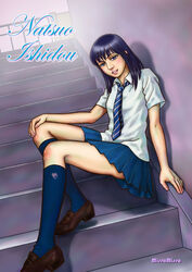  artist_name black_hair blue_eyes character_name commentary_request female ishido_natsuo kneehighs lips loafers long_hair missa_missa necktie school_uniform shoes sitting skirt socks solo stairs teppu 