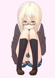  blonde_hair blush bob_cut commentary_request covering_crotch covering_privates female glasses green_eyes looking_at_viewer power_of_smile short_hair sitting smile solo souenji_miku uro_(urotanc) 