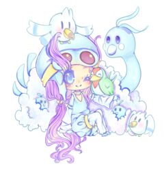  ;) altaria bird blue_eyes blush chibi choker female goggles goggles_on_head gym_leader heart helmet long_hair nagi_(pokemon) pokemon pokemon_(creature) pokemon_(game) pokemon_rse ponytail purple_hair sitting smile swablu taillow transparent_background wingull wink 