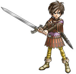  absurdres black_eyes boots brown_hair dragon_quest dragon_quest_ix female full_body hero_(dq9) highres long_sleeves official_art photoshop_(medium) sheath short_hair simple_background solo standing sword toriyama_akira weapon 