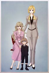  1boy 2girls :d ado002 aged_up akatsuki_(gundam_tekketsu_no_orphans) atra_mixta black_footwear black_jacket black_legwear black_neckwear black_shorts blonde_hair blue_eyes brown_eyes brown_hair collarbone commentary_request formal full_body grey_background grey_pants gundam gundam_tekketsu_no_orphans hair_between_eyes hands_on_another&#039;s_shoulders jacket kudelia_aina_bernstein long_hair long_skirt looking_at_viewer looking_up mother_and_son multiple_girls open_mouth pants purple_skirt shiny_clothes shorts skirt smile socks standing very_long_hair 