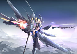  artist_name ass blonde_hair blue_eyes coat_of_arms commentary female flygsystem_2020 flying highres jet_engine mecha_musume mountain nenchi personification profile solo svenska_flygvapnet sweden swedish_text tre_kronor 