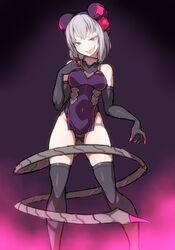  bare_shoulders black_gloves black_thighhighs commentary_request elbow_gloves emile_(koala) female gloves grey_hair hand_on_own_chest headgear ken_(koala) legs leotard mechanical_tail nail_polish neon_trim original photoshop_(medium) pink_eyes pink_nails scorpion_tail smile solo tail thighhighs thighs 