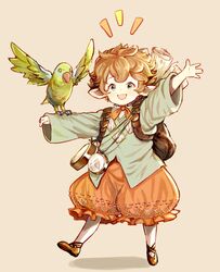  :d ^^^ animal_on_arm backpack bag bird bird_on_arm blue_eyes blush brown_background brown_footwear brown_hair commentary_request compass female granblue_fantasy green_shirt harvin highres long_sleeves open_mouth orange_pants outstretched_arms pants parrot puffy_pants rantan scroll shadow shirt short_hair sierokarte smile standing standing_on_one_leg 