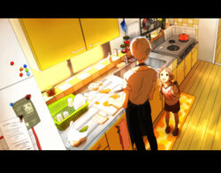  2boys aged_down apron backpack bag brown_hair can commentary_request cooking egg food hanamura_yousuke kitchen kitchen_knife knife letterboxed lolicon multiple_boys narukami_yuu persona persona_4 refrigerator santoku_knife serori_(koredemoka) shirt sink t-shirt time_paradox towel white_hair 