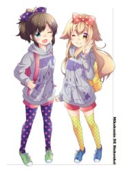  2girls :3 ;) ;d animal_print aqua_eyes arai_cherry backpack bag blonde_hair blue_eyes blue_footwear blush bow brown_eyes brown_hair cat_print closed_mouth copyright_name full_body green_footwear grey_hoodie hairbow head_tilt highres holding_strap hood hoodie long_hair long_sleeves looking_at_viewer mikakunin_de_shinkoukei mouse_print multiple_girls nose_blush official_art one_eye_closed oono_niko open_mouth pantyhose pink_shorts polka_dot polka_dot_bow polka_dot_legwear purple_bow purple_legwear red_bow red_shorts romaji_text short_hair shorts smile solid_oval_eyes standing star_(symbol) star_print suetsugi_konoha swept_bangs thighhighs white_background yellow_legwear 