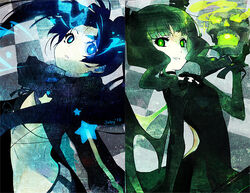  2girls black_hair black_rock_shooter black_rock_shooter_(character) blue_eyes commentary dead_master english_commentary green_eyes juby long_hair midriff multiple_girls pale_skin scar skull smile split_screen twintails 