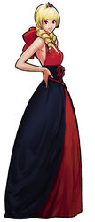  blonde_hair corset crown dress drill_hair female gown hair_ribbon hand_on_own_hip hiroaki_(kof) long_dress long_hair mini_crown official_art red_eyes ribbon rose_bernstein sleeveless sleeveless_dress solo the_king_of_fighters the_king_of_fighters_xi twin_drills twintails 