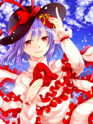  bad_id bad_pixiv_id blush female fuusha gift hat hat_ribbon holding nagae_iku petals purple_hair red_eyes ribbon short_hair smile solo touhou wind 