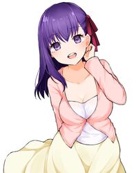  :d arm_behind_back blush breasts cleavage collarbone commentary_request cowboy_shot fate/stay_night fate_(series) female hair_ribbon hand_up head_tilt highres jacket long_hair long_skirt long_sleeves matou_sakura medium_breasts open_mouth pink_jacket purple_eyes purple_hair red_ribbon ribbon round_teeth skirt smile solo standing takae_(poupee_en_biscuit) teeth yellow_skirt 