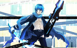  1boy beam_rifle belt black_rock_shooter blue_eyes blue_hair blue_scarf caution_tape commentary_request energy_gun gun jacket kaito_(vocaloid) keep_out male_focus nagi_(nightmare-cat) navel parody scarf solo sword vocaloid weapon zipper 