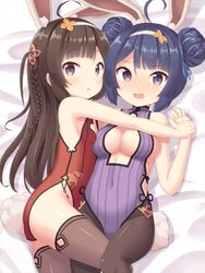  2girls ahoge animal_ears ass azur_lane bad_id bad_pixiv_id bare_shoulders black_hair blue_hair blue_ribbon braid breasts brown_pantyhose brown_thighhighs center_opening chinese_clothes covered_navel da_un double_bun fake_animal_ears hair_bun hair_ornament hair_ribbon hairband holding_hands hug long_hair looking_at_viewer lying medium_breasts multiple_girls ning_hai_(azur_lane) ning_hai_(moon_palace_rabbit)_(azur_lane) official_alternate_costume on_back on_bed on_side open_mouth pantyhose ping_hai_(azur_lane) ping_hai_(osmanthus_moon_rabbit)_(azur_lane) purple_eyes rabbit_ears rabbit_tail ribbon short_hair sideboob small_breasts striped tail thighhighs vertical_stripes 